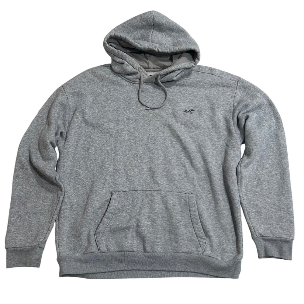Hollister Mens Pullover Hoodie Heather Gray Seagull Logo Fleece Sweatshirt XL